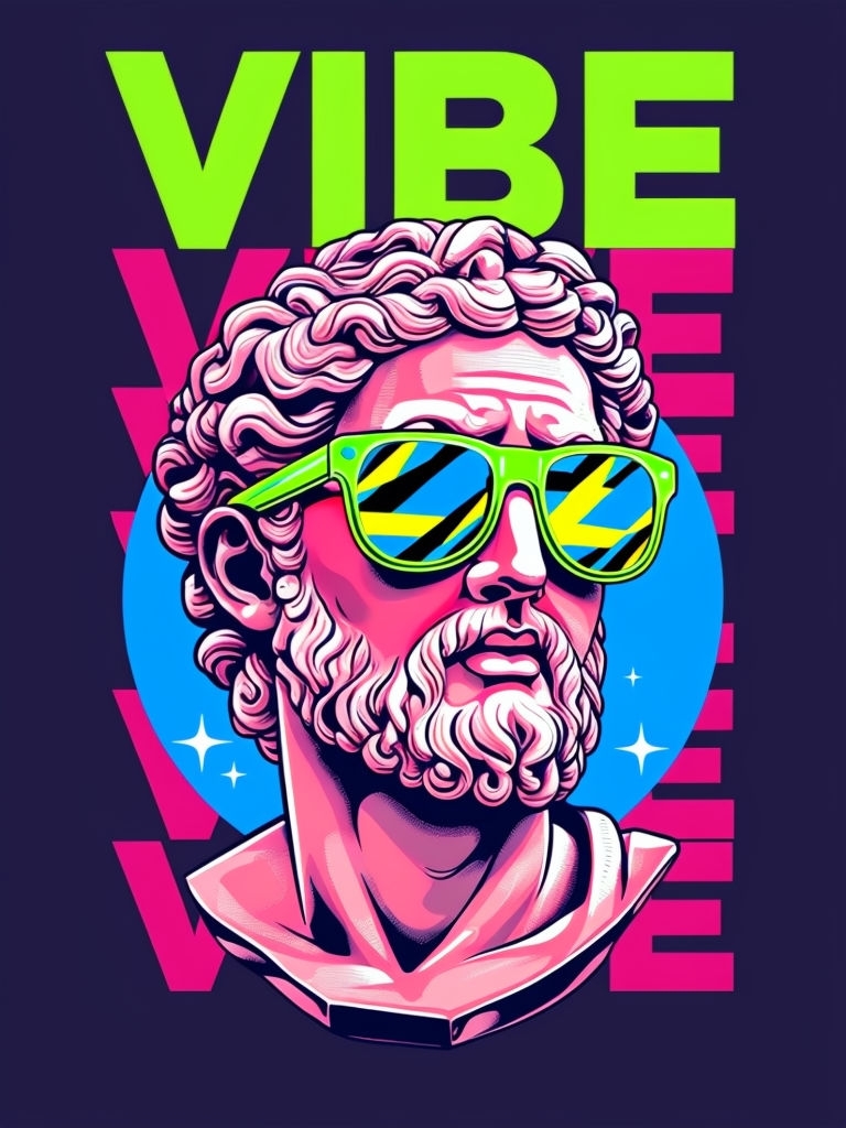 Vibrant Coral Roman Statue Bust with Neon Vibe T-Shirt