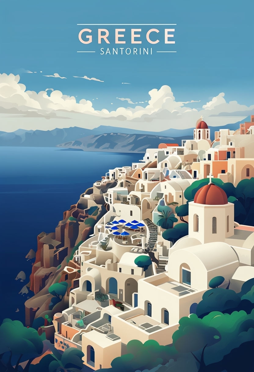 Picturesque Santorini Coastal Village Digital Illustration Poster