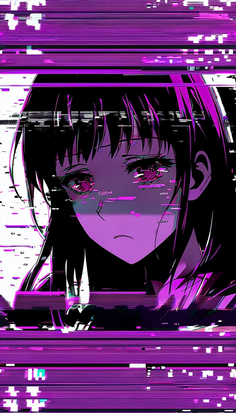 Glitched Anime Girl with VHS Static Background Mobile Wallpaper