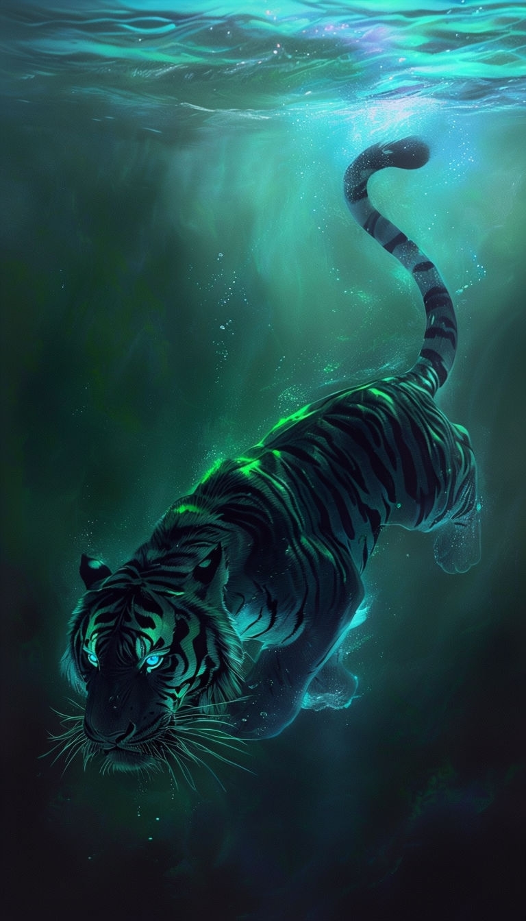Mystical Black Tiger Swimming Underwater with Neon Accents Mobile Wallpaper
