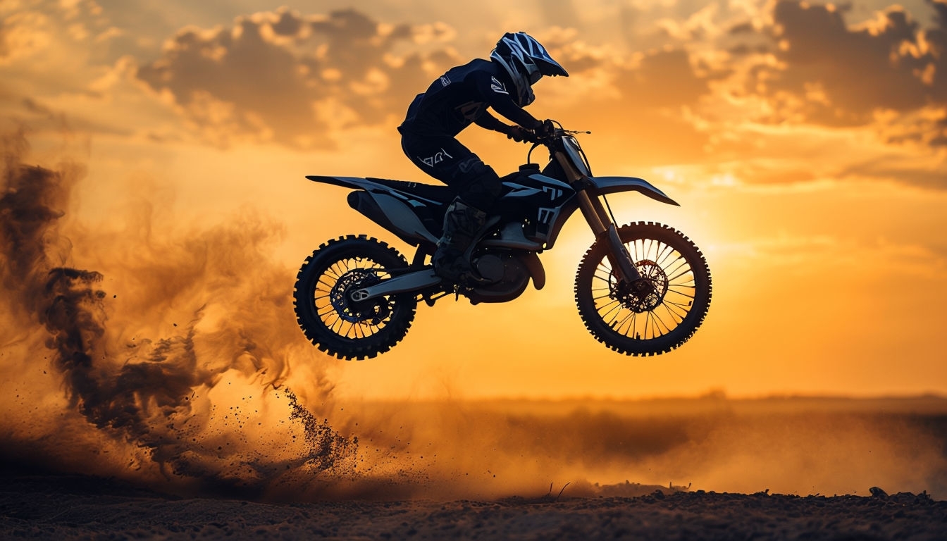 Dynamic Motocross Rider Silhouette Against Stunning Sunset Background