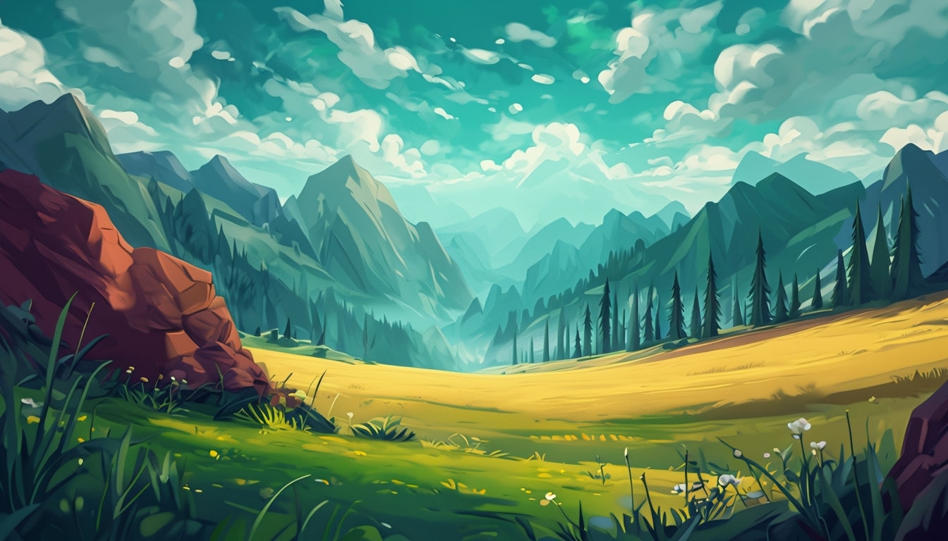 Serene Cartoon Natural Landscape with Mountains Virtual Background