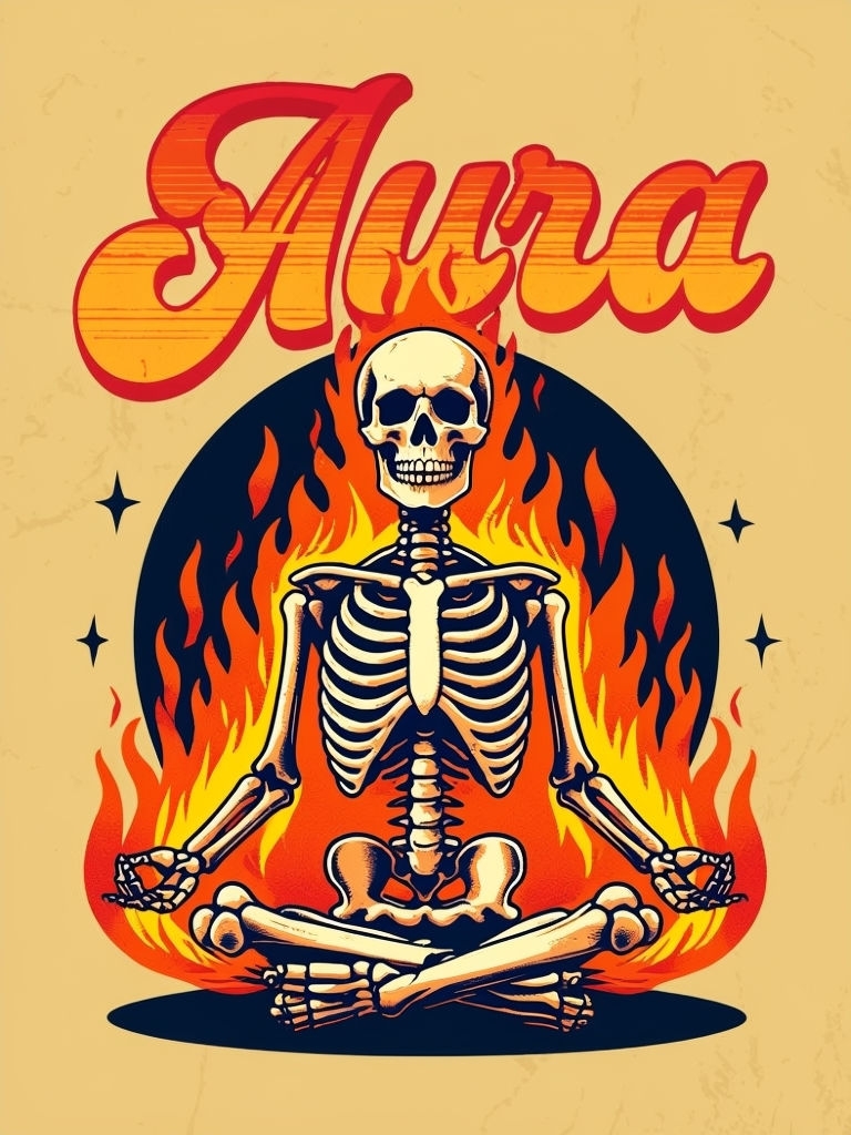 Meditating Skeleton with Vibrant Aura and Flames Poster