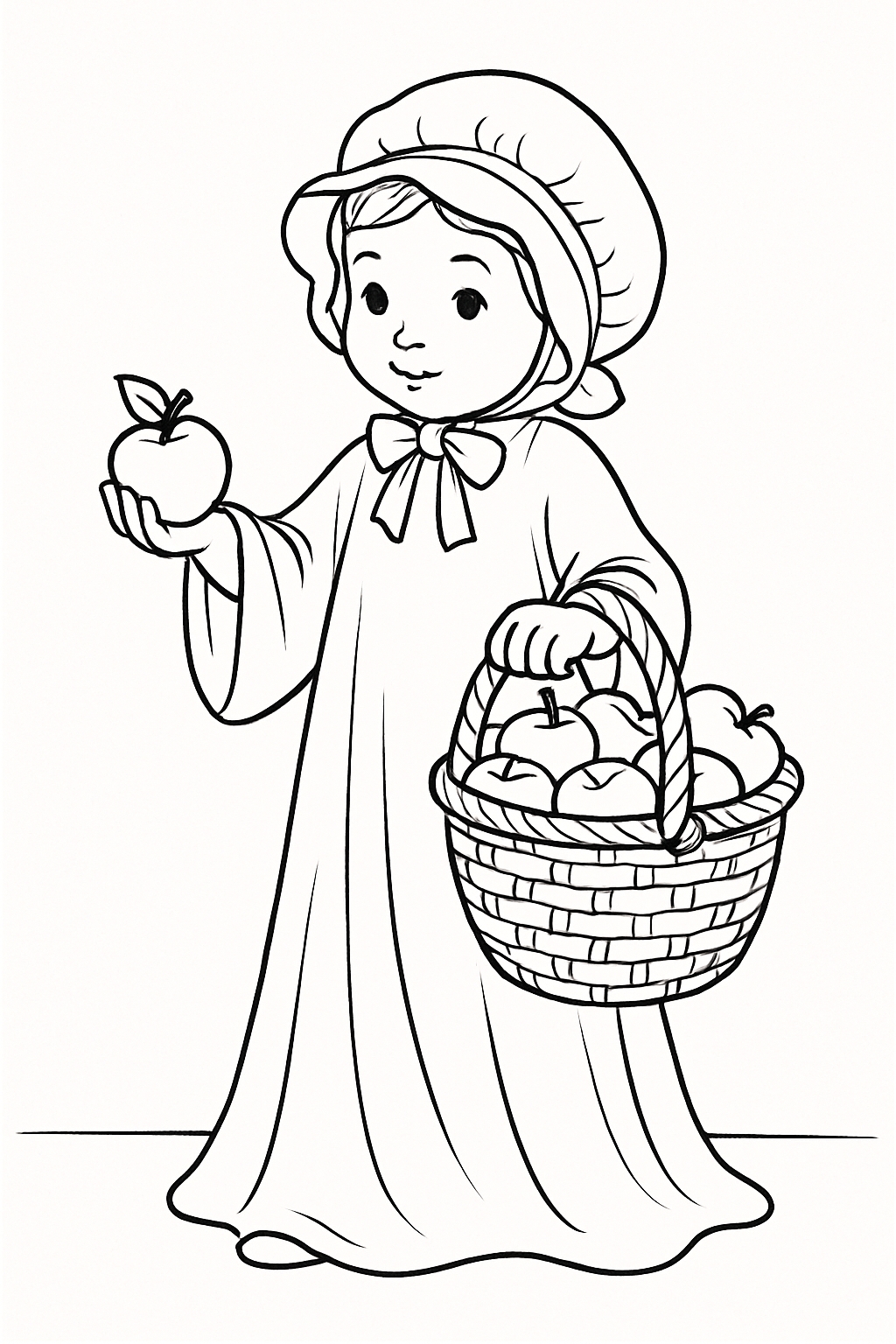 Victorian Child Holding Apples Line Drawing Coloring Page
