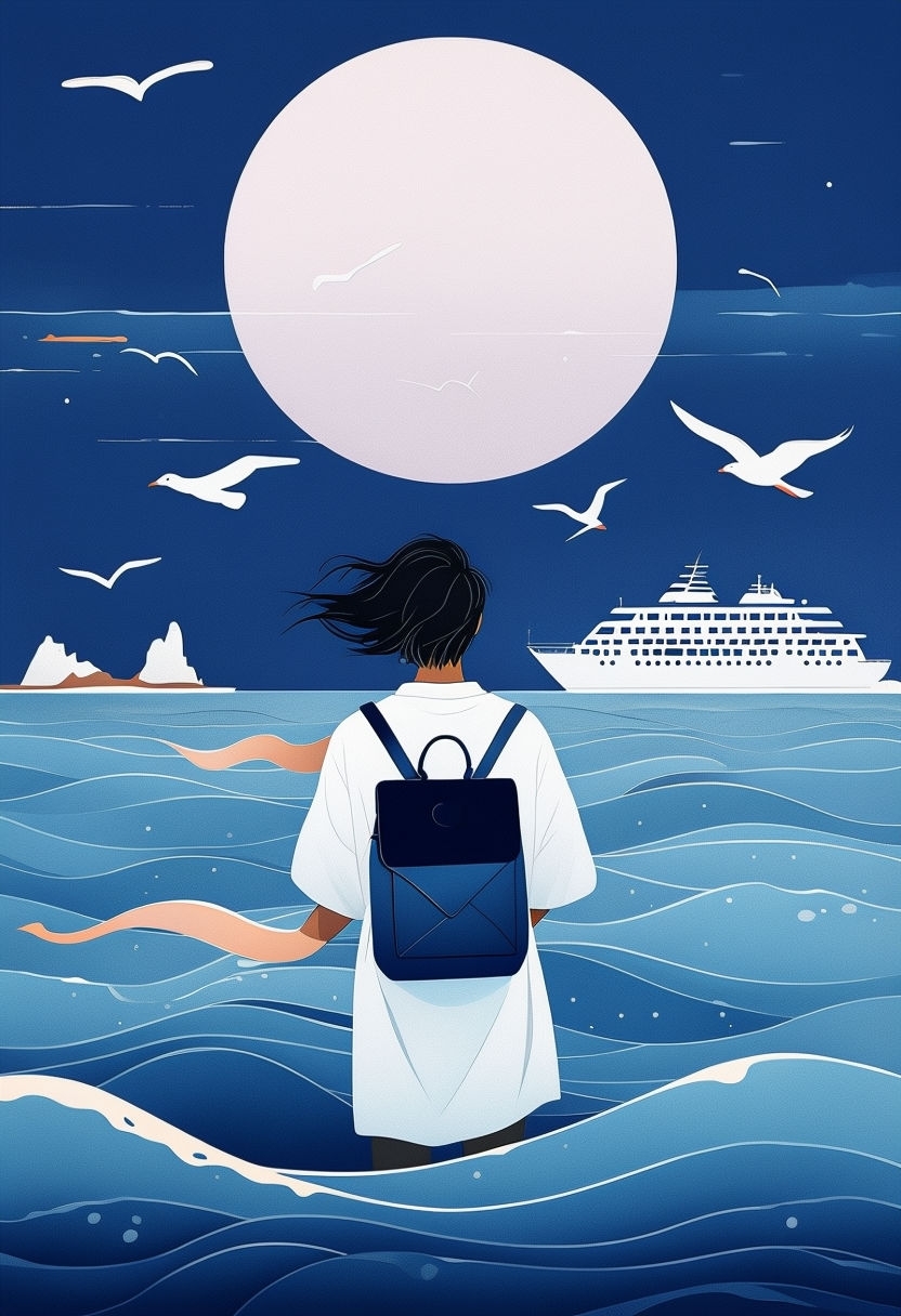 Serene Coastal Scene with Figure and Moonlit Sky Art