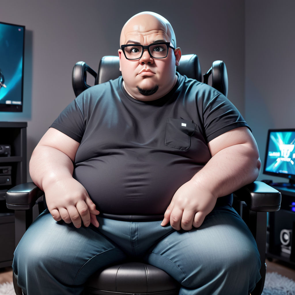 A ugly fat male sitting on a computer