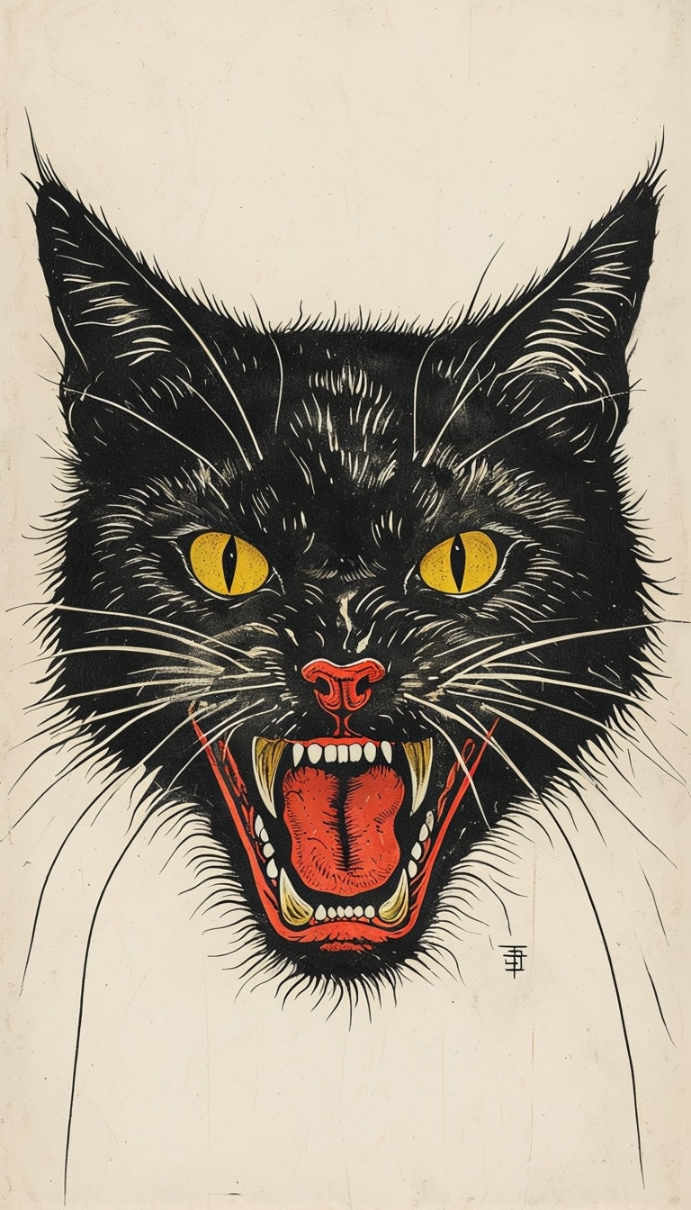 Vintage Black Cat Illustration with Intense Expression Phone Case Cover