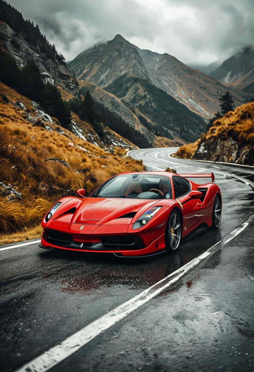 Dynamic Red Sports Car on Wet Mountain Road Photograph