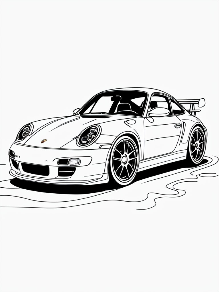 Sleek Sports Car High-Contrast Outline Drawing for Coloring Book Pages