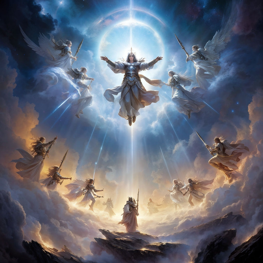 man standing over the clouds in front of God with angels around