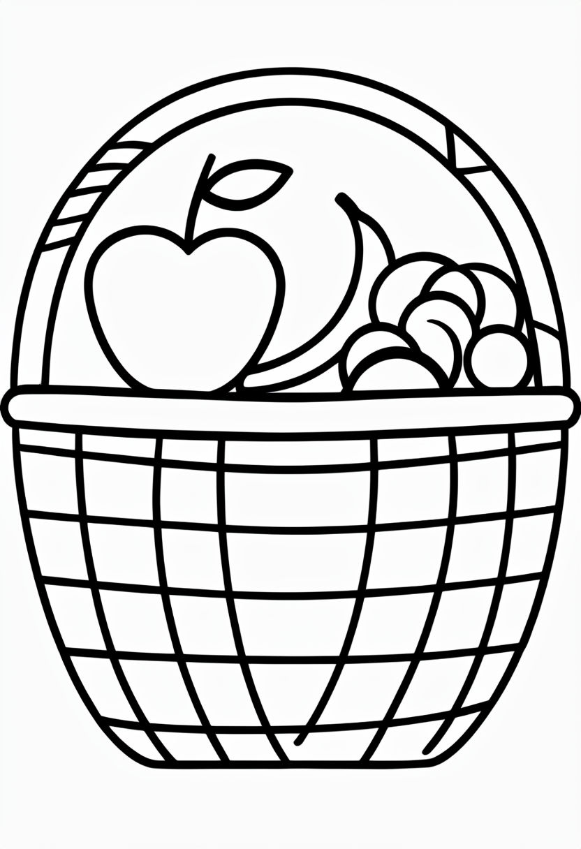 Simple Black and White Woven Basket with Fruit Coloring Page