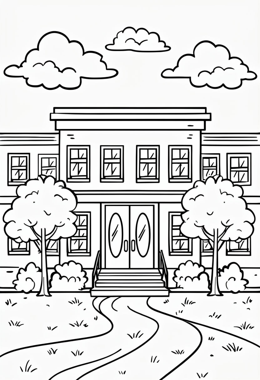 Cartoon Style Two-Story School Building Line Drawing Coloring Book Pages