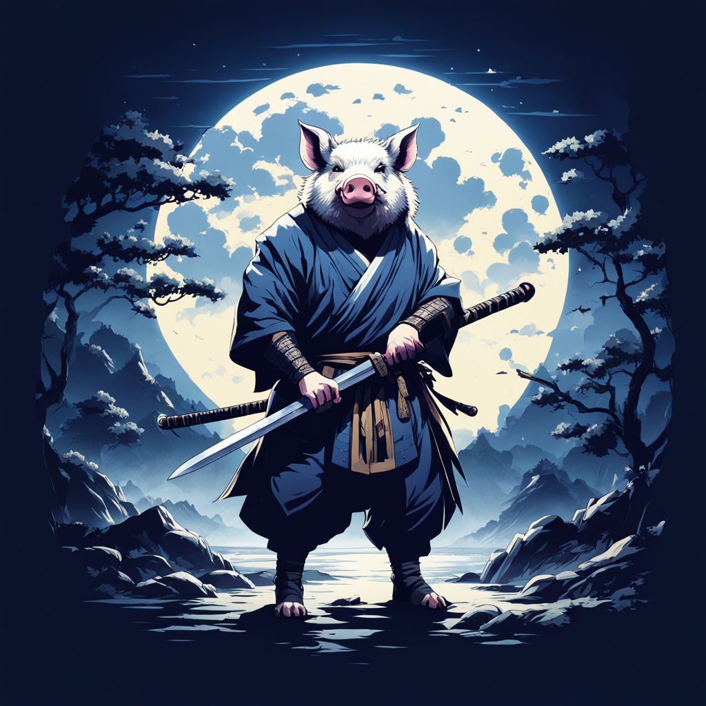 Generate a fierce pig wearing a samurai outfit in the moonli... by ...