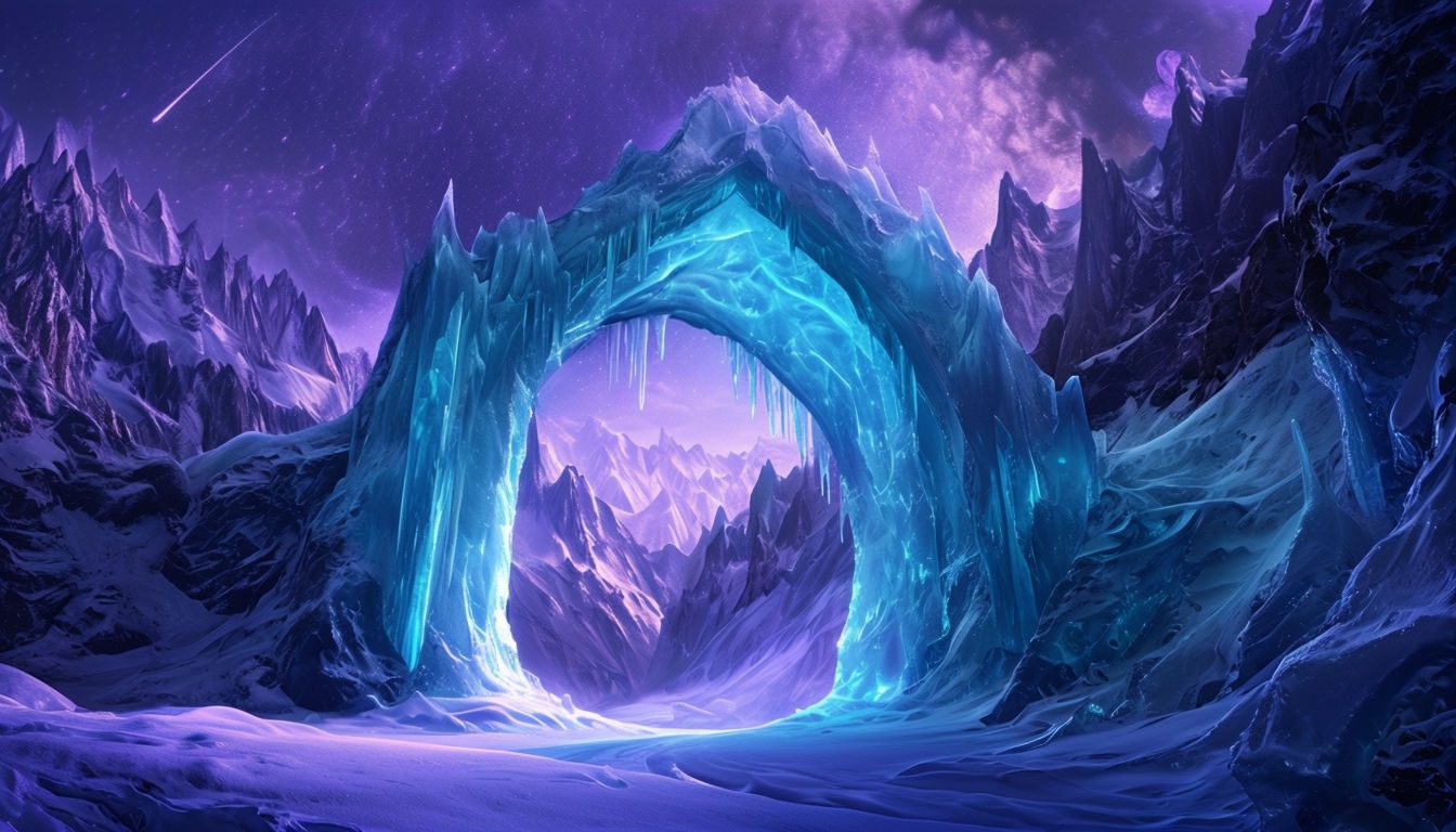 Surreal Ethereal Ice Cavern with Glowing Blue Formations Background