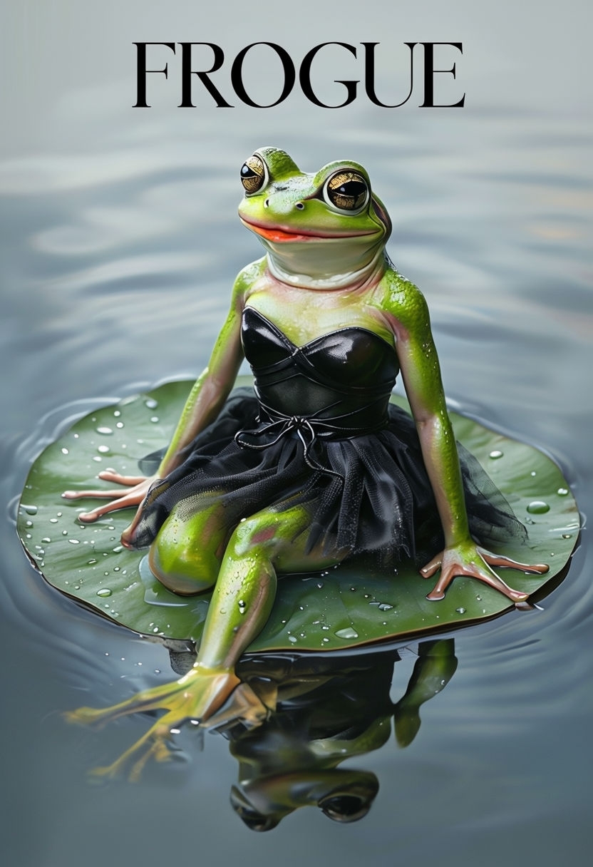 Elegant Anthropomorphic Frog in Dress on Lily Pad Poster