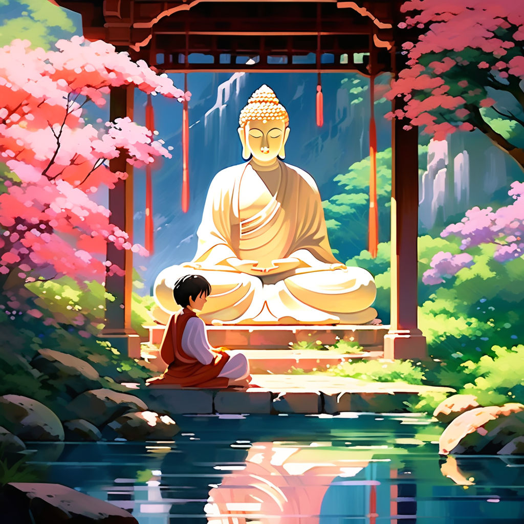 Studio Ghibli-inspired acrylic painting featuring Gautama Bu... by c w