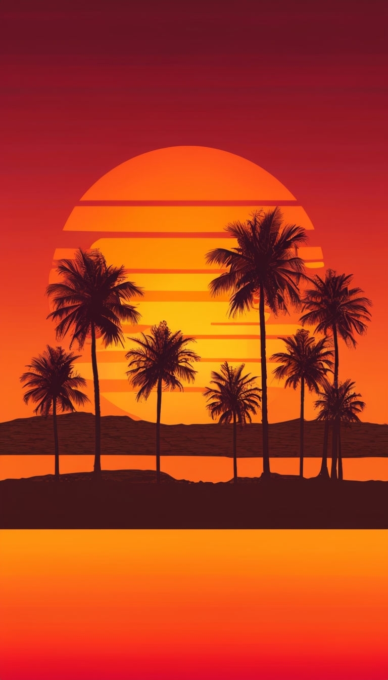 Tropical Sunset with Palm Trees Illustrating Serenity Mobile Wallpaper
