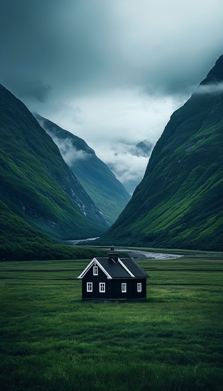 Serene Isolated House in Lush Green Landscape Photograph Mobile Wallpaper