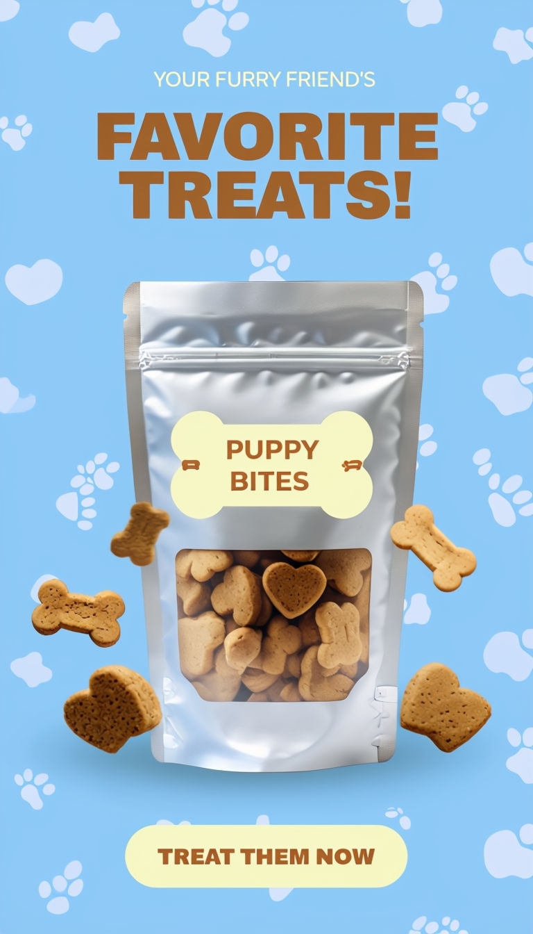 Premium Puppy Bites Treats in Resealable Pouch Advertisement