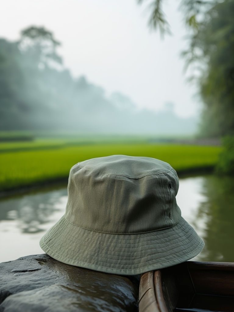 Elegant Men's Linen Bucket Hat Mockup in Southeast Asian Setting Mockup