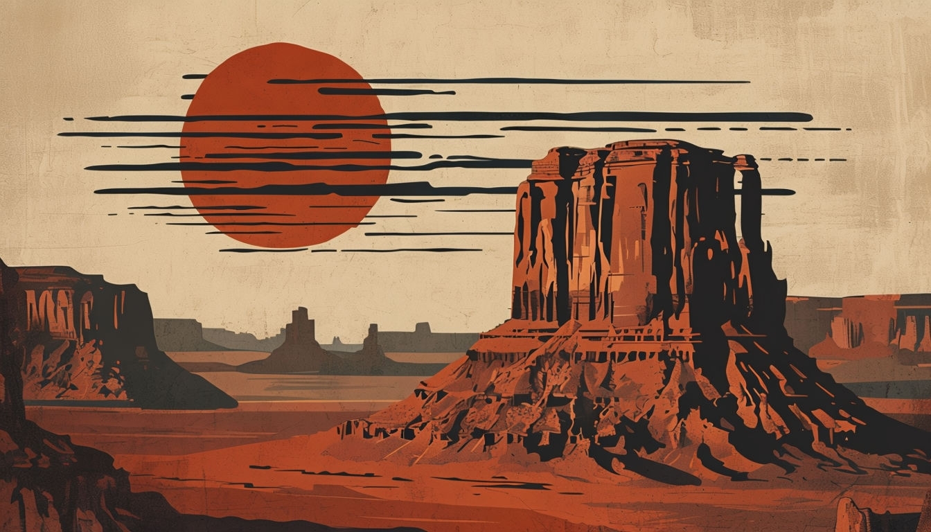 Vintage Desert Landscape Illustration with Mesas at Sunset Background