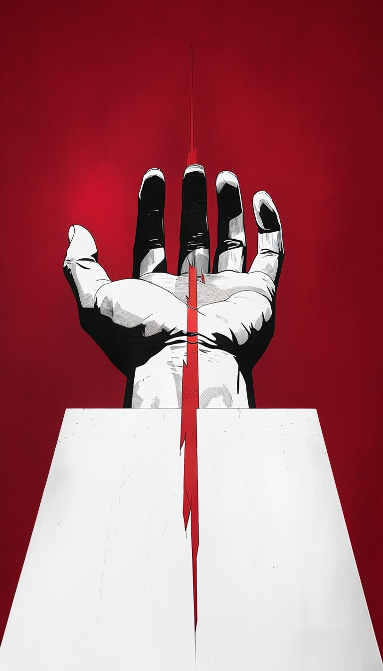 Dramatic Graphic Illustration of Bold Human Hand on Red Background Mobile Wallpaper