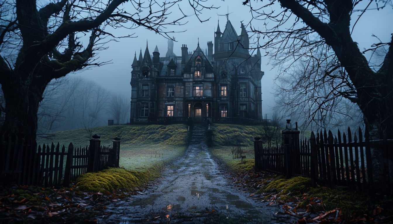 Eerie Gothic Mansion Surrounded by Foggy Atmosphere Backgrounds