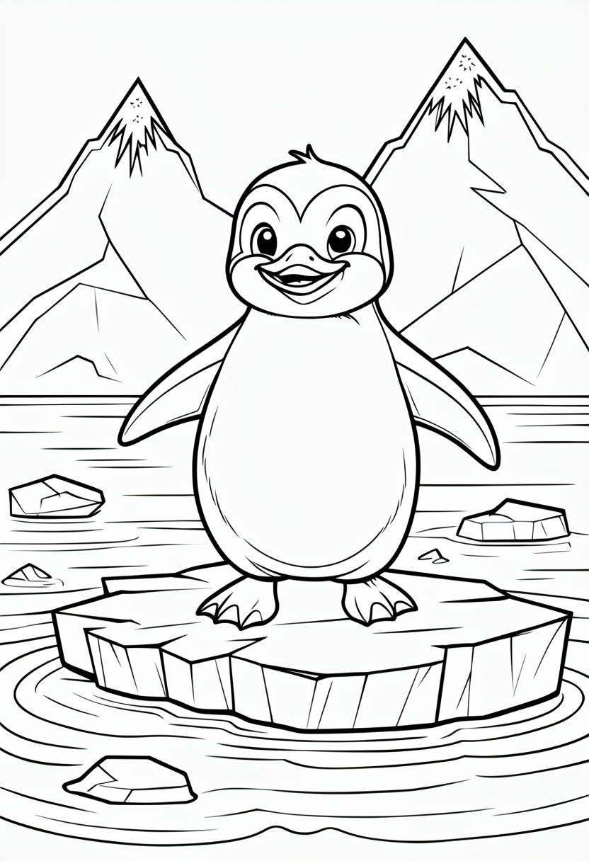 Cheerful Penguin on Ice Floe in a Winter Landscape Coloring Book Pages