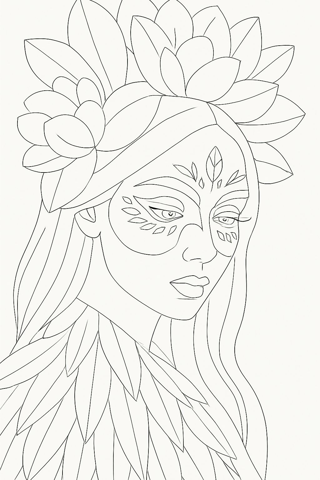 Ethereal Woman with Leaf Patterns and Floral Crown Coloring Book Page