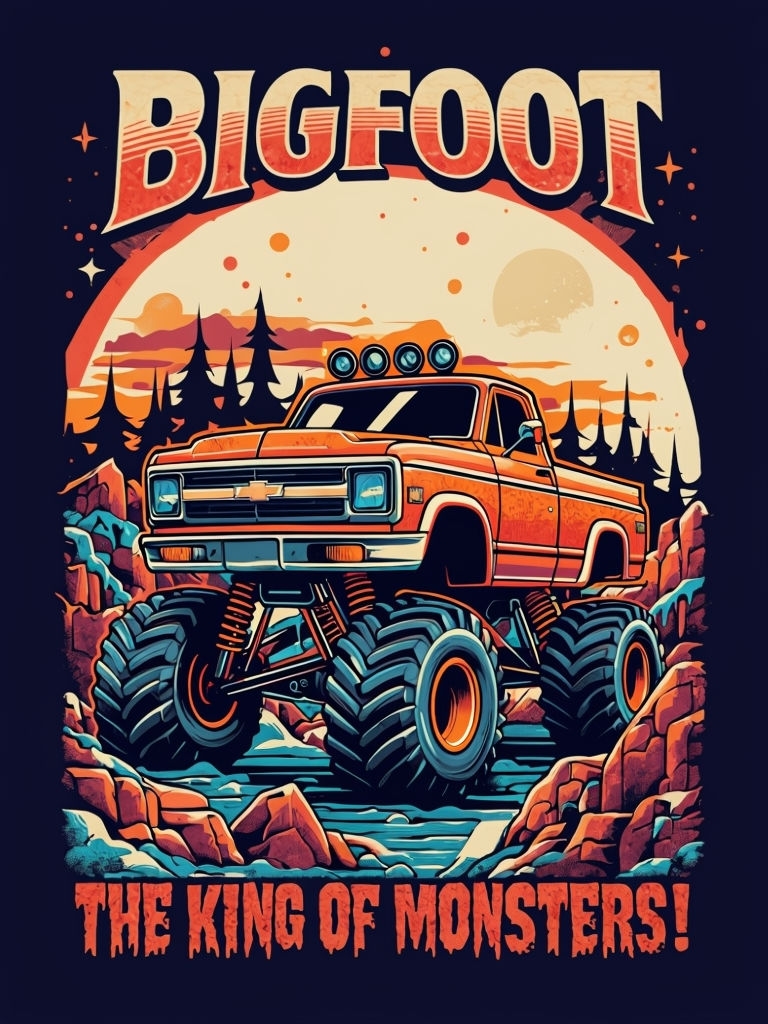 Vibrant Retro Bigfoot Monster Truck Illustration T-Shirt