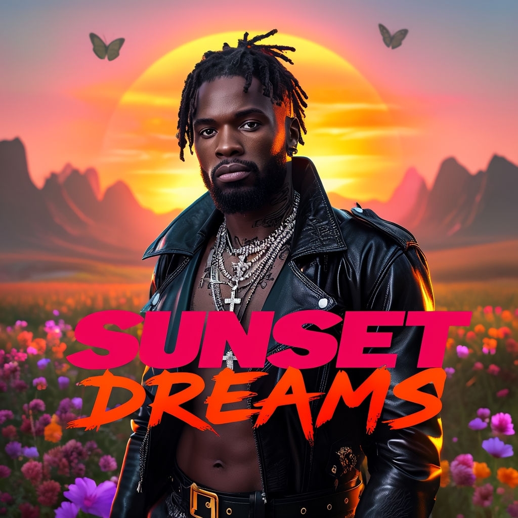 Sunset Dreams: Man in Vibrant Landscape with Butterflies Artwork Spotify Album Cover