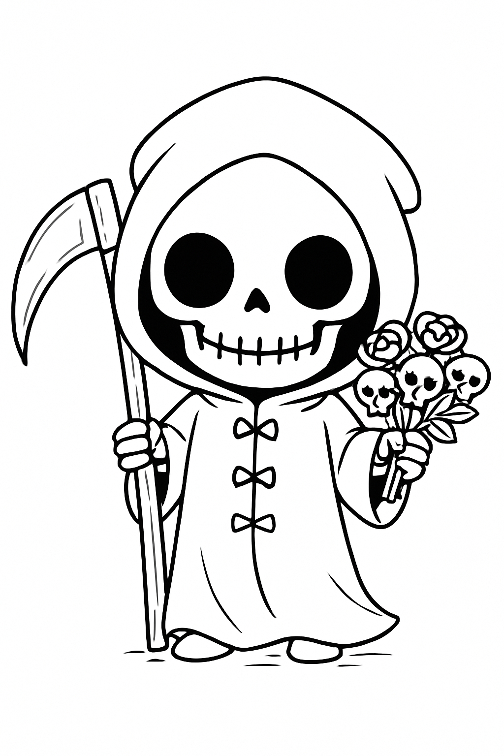 Charming Monochrome Character with Scythe and Roses Coloring Book Pages