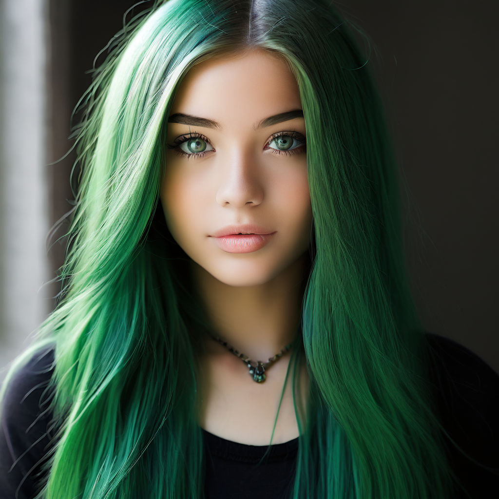 mature anime young woman with green hair