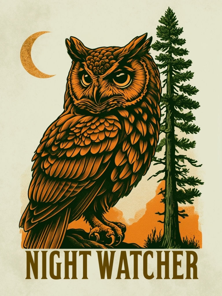 Vintage Owl Night Watcher Illustration T-Shirt