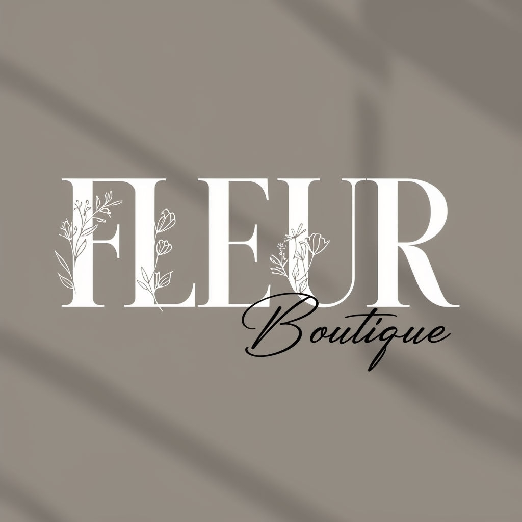 Elegant Floral FLEUR Boutique Logo Design on Taupe Background