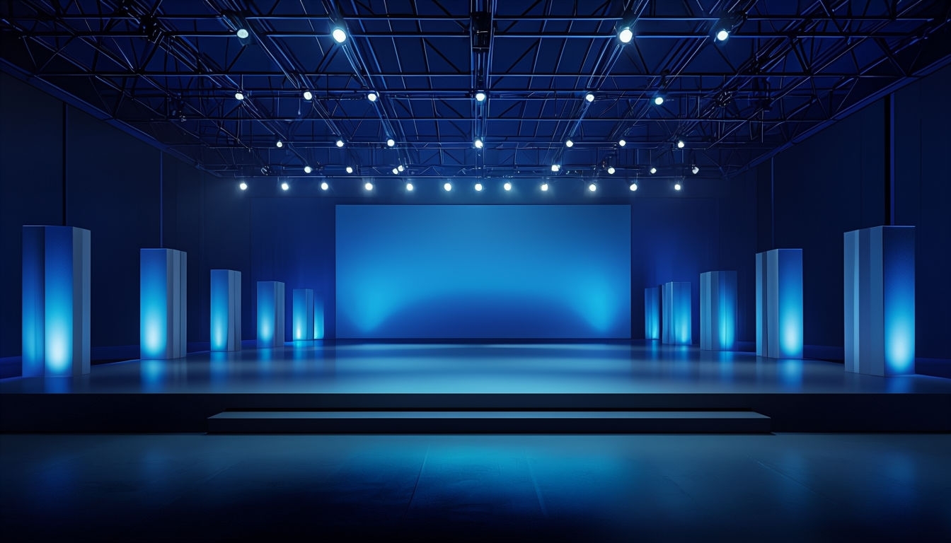 Modern Minimalist Stage Setup with Blue Lighting Virtual Background