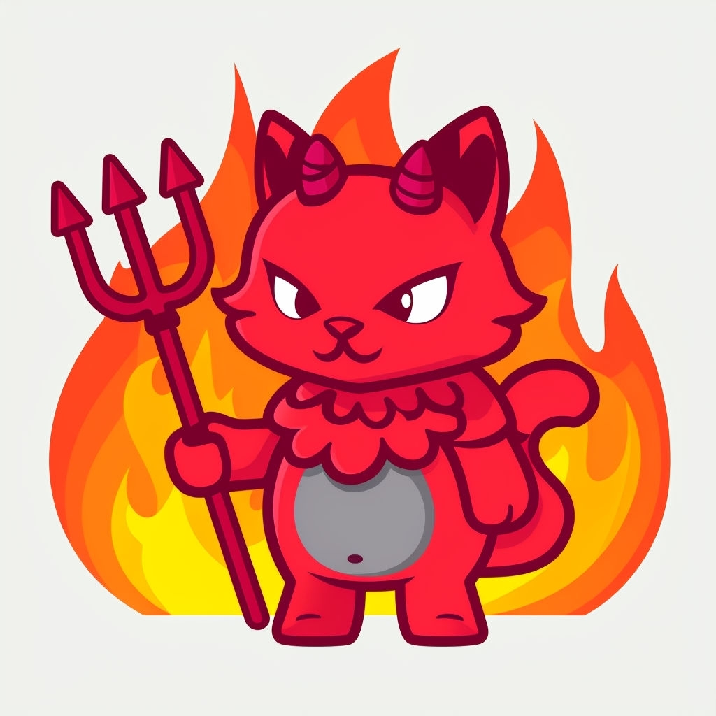 Mischievous Red Cat Creature with Trident and Flames Sticker