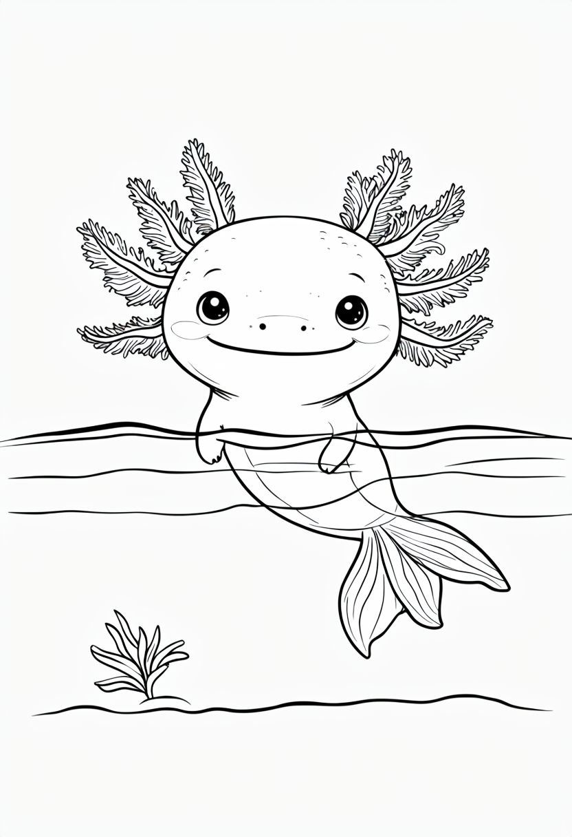 Cute Axolotl Swimming in Clear Water Line Drawing Coloring Book Page