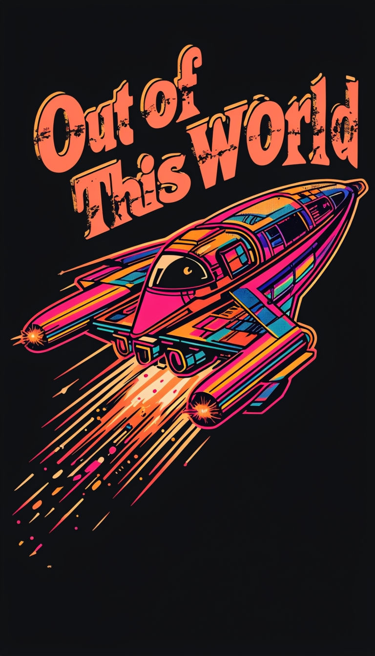 Vibrant Retro Futuristic Spaceship with "Out of This World" Text Poster