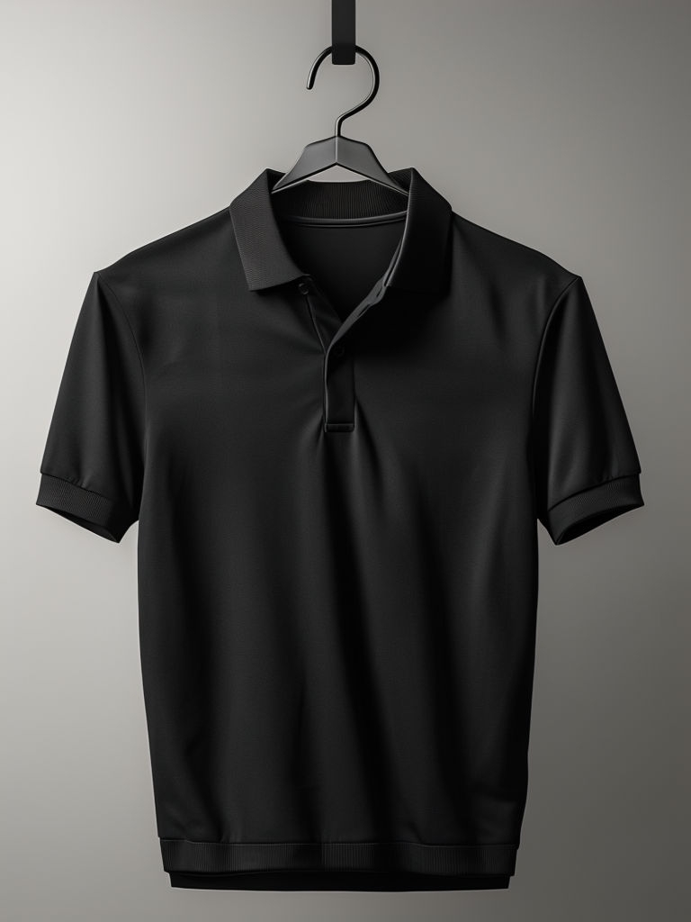 Sleek Black Short-Sleeved Polo Shirt Photo on Modern Hanger Mockup