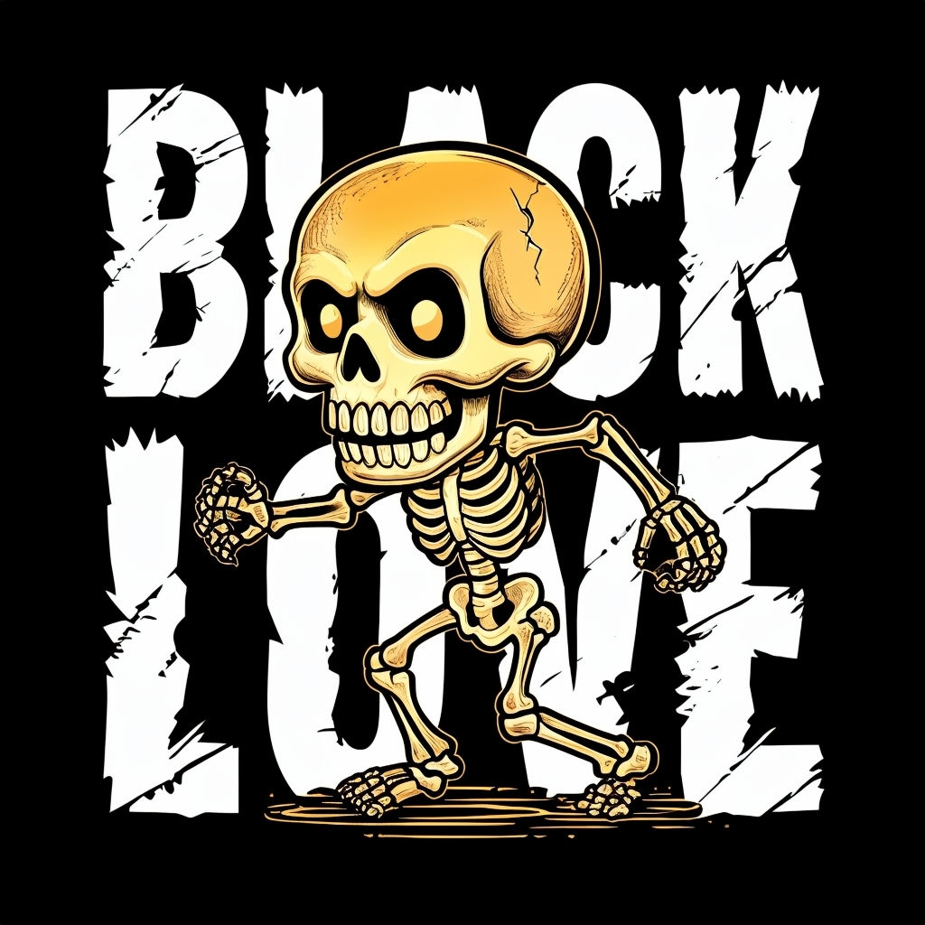 Dynamic Black and White Skeleton with Black Love Text T-Shirt