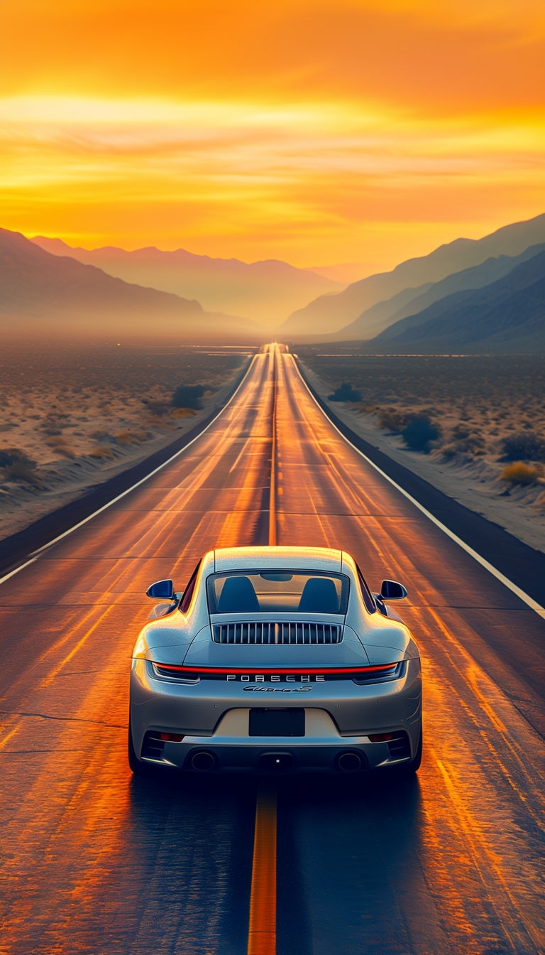 Stunning Silver Porsche Carrera S at Sunset on Desert Road Mobile Wallpaper