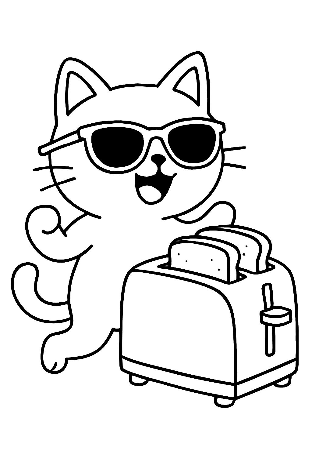 Playful Cartoon Cat with Toaster Line Art Coloring Page
