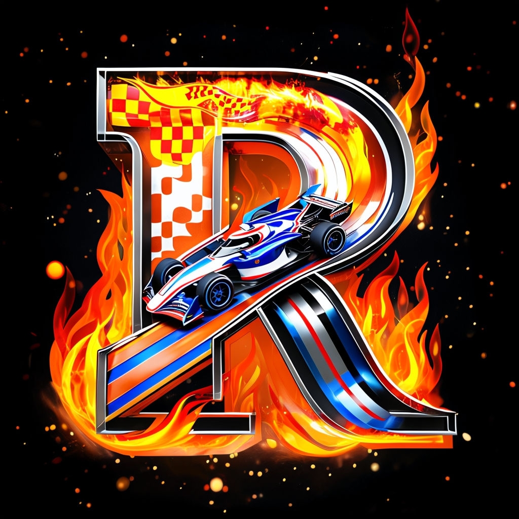 Dynamic 3D Metallic Letter R with Racing Elements Art