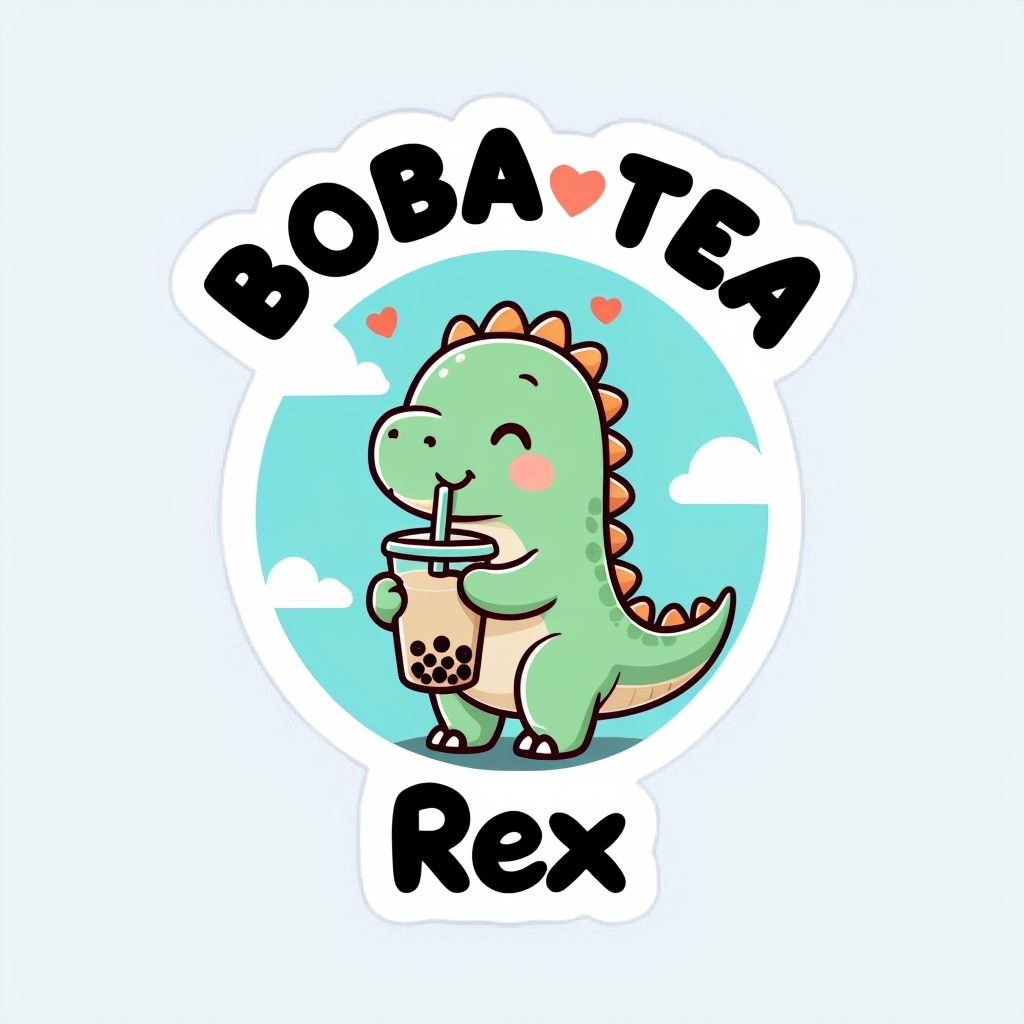 Playful Cute Green Dinosaur Boba Tea Rex Sticker