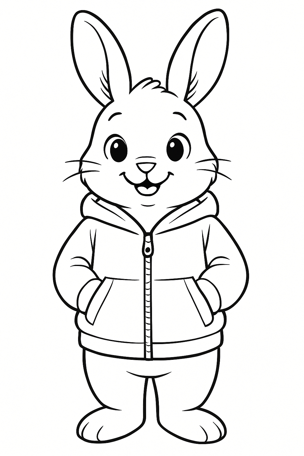 Cheerful Anthropomorphic Bunny Character Line Drawing Coloring Book Pages