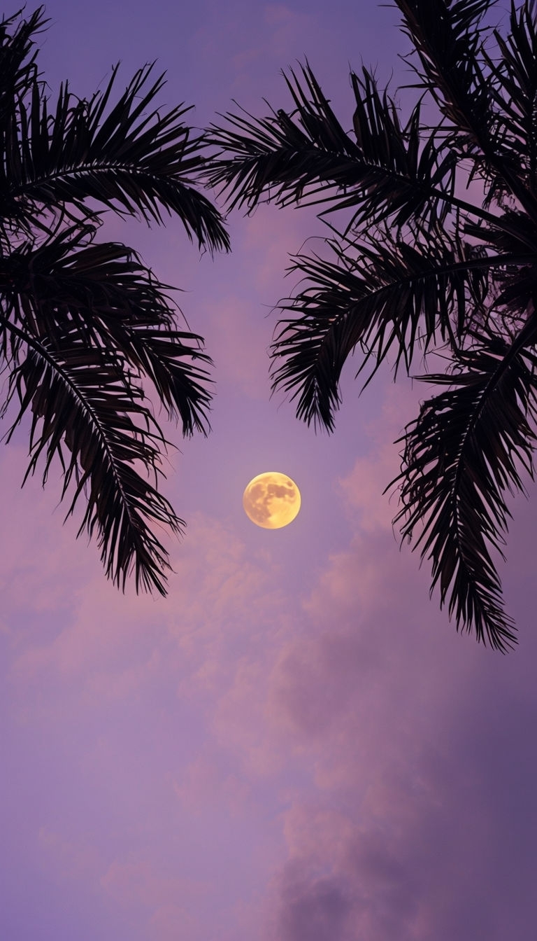 Tranquil Twilight Palm Fronds with Full Moon Mobile Wallpaper