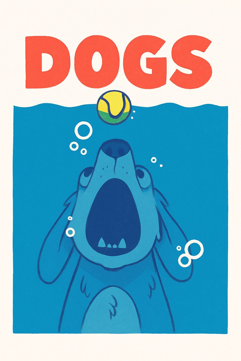 Playful Underwater Scene with Cartoon Dog and Tennis Ball Poster