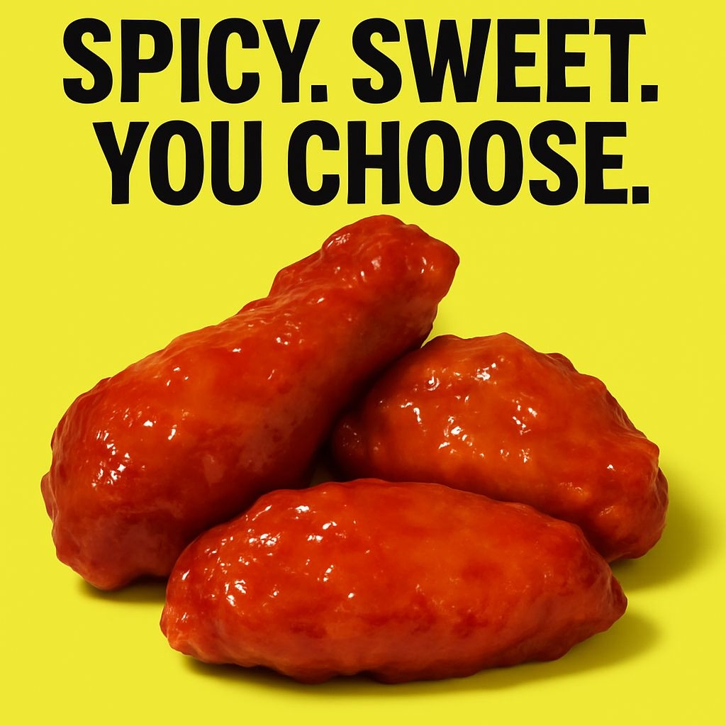 Glossy Red Chicken Wings with Bold Text Advertisement