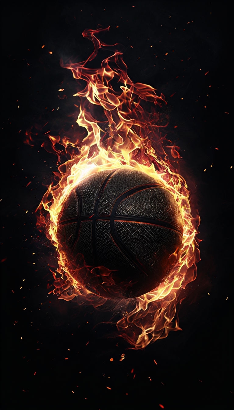 Fiery Black and White Basketball Surrounded by Explosive Flames Mobile Wallpaper